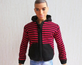 Poupée faite main, veste à capuche rayée rouge noire, vêtements de poupée pour poupées musclées de 30 cm (12 po.)