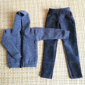 Handmade Doll Dark Grey Hoodie Jacket & Pants Jeans Set Doll Clothes For 12&quot; Dolls