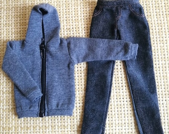 Handgemachte Puppe Dunkel Grau Hoodie Jacke & Hose Jeans Set Puppenkleidung Für 12 "Puppen