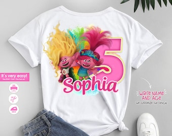 Trolls Band Together Poppy and Viva Birthday shirt with personalized name and age - Exclusive Trolls PNG design