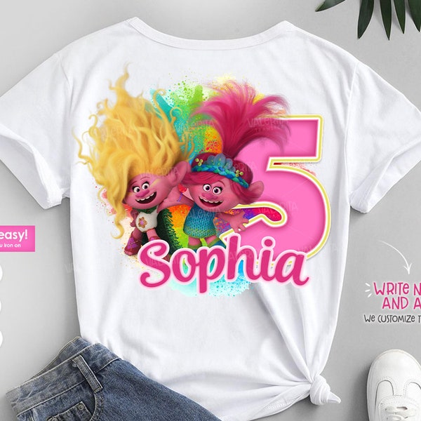 Trolls Band Together Poppy en Viva Verjaardagsshirt met gepersonaliseerde naam en leeftijd - Exclusief Trolls PNG-ontwerp