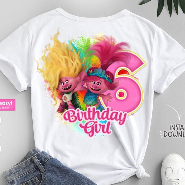 Trolls Poppy and Viva 6th Birthday Shirt - Printable trolls 3 band together PNG of  Instant Download and Birthday Shirt Creation