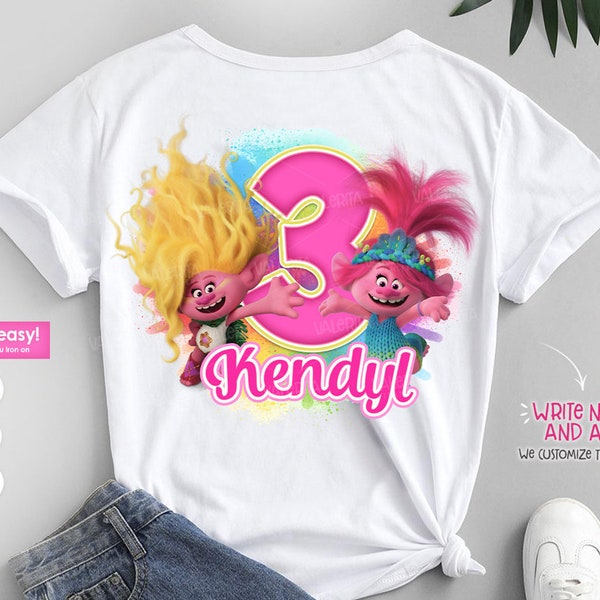 Trolls Poppy and Viva Birthday Shirt custom name and age - Trolls band together PNG printable - Birthday shirt personalized name and age