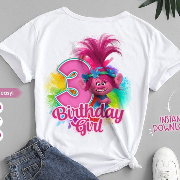 Poppy trolls shirt 3rd Birthday girl iron on transfer, Printable trolls shirt design, trolls clipart