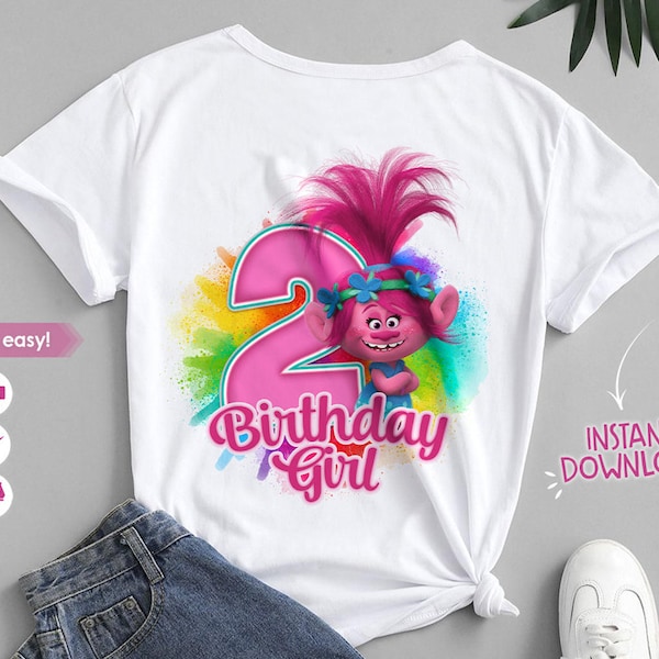 Anniversaire des trolls pavot PNG, deuxième anniversaire, anniversaire fille trolls, conception de chemise trolls imprimable, sublimation chemise design ou thermocollant