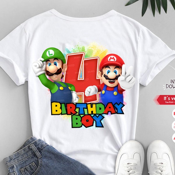 Mario and Luigi design shirt png, Mario and Luigi 4th Birthday Boy, Mario and Luigi clipart digital design shirt - Instant Download