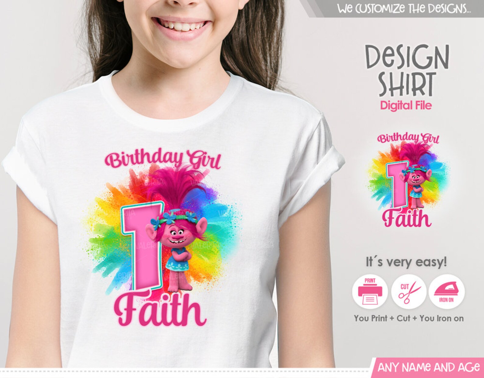 Trolls Birthday Shirt Iron on Transfer, Birthday Girl Party Printable ...