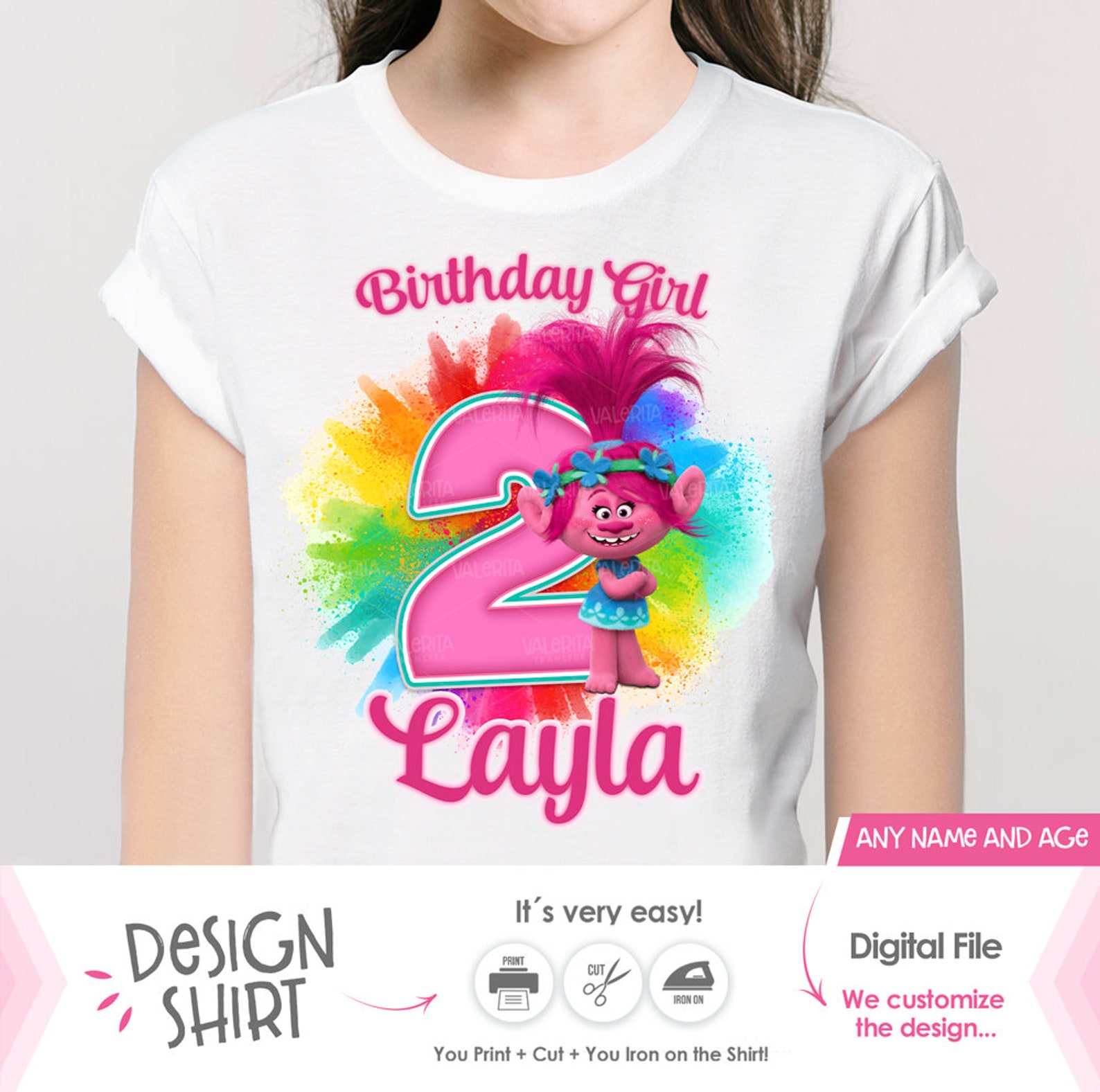 Trolls Birthday Shirt Iron on Transfer, Birthday Girl Party Printable ...