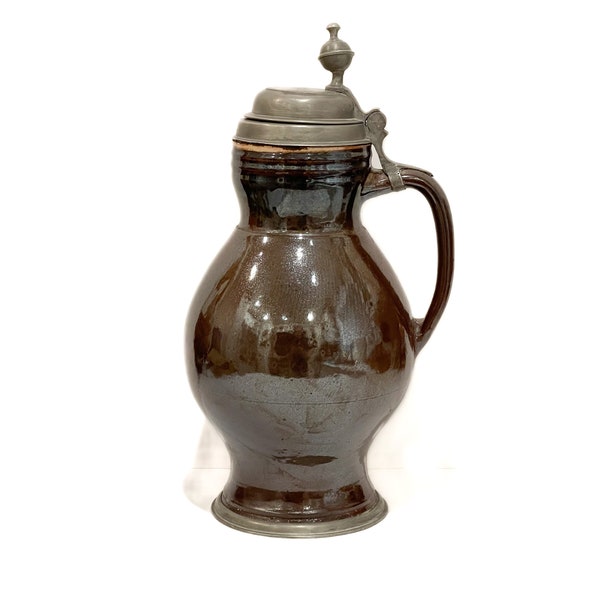 Wonderful German (Bavarian) Salt Glazed Stoneware 2 Liter Beer Stein With Pewter Lid dated 1842