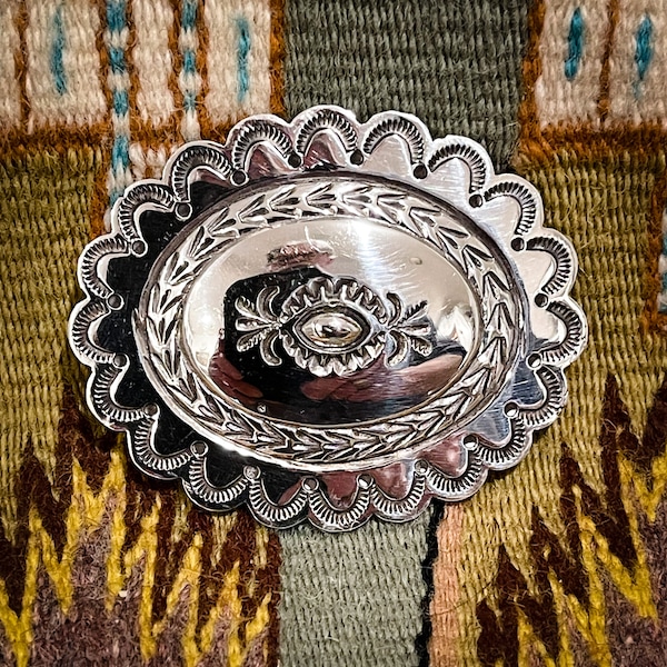 Very Good Classic Vintage Navajo Stamped and Chased Sterling Silver Concho Pin or Brooch by Robert Johnson circa 1989