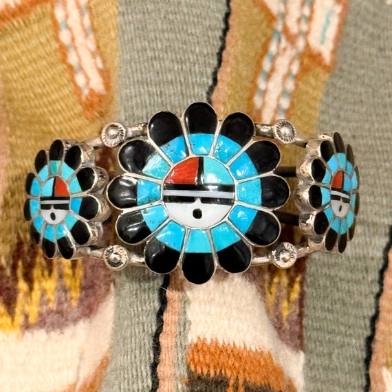 Morris Vintage Native American Zuni 3 Inlay Turquoise Coral Sunface Sterling Silver Bracelet Morris Vintage Native American Zuni 3 Inlay Turquoise Coral Sunface Sterling Silver Bracelet