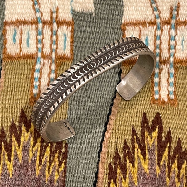 Beautiful Heavy Vintage Navajo Sterling Silver Cuff Bracelet withStamped Designs By Robert Johnson Ca. 1989