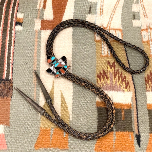 Very Nice Vintage Old Pawn Zuni Inlay Sterling Silver Turquoise and Coral Winged Kachina Bolo Tie circa 1940