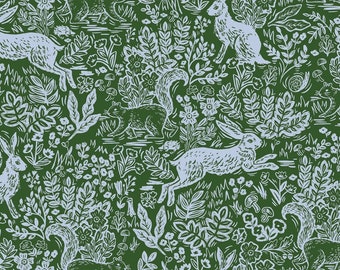 Rifle Paper Co fabric, Cotton + Steel,  Wildwood Collection, Fable green, woodland woven fabric
