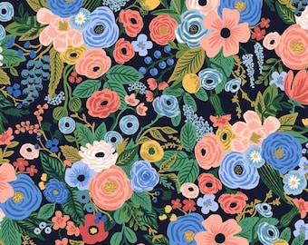 Navy Floral Fabric, Rifle Paper Co Wildwood Cotton (Quilters Weight)