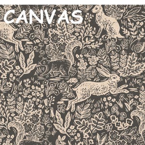 May include: A black and white illustration of a repeating pattern featuring rabbits, squirrels, and floral designs. The text "CANVAS" is printed in the center of the image.