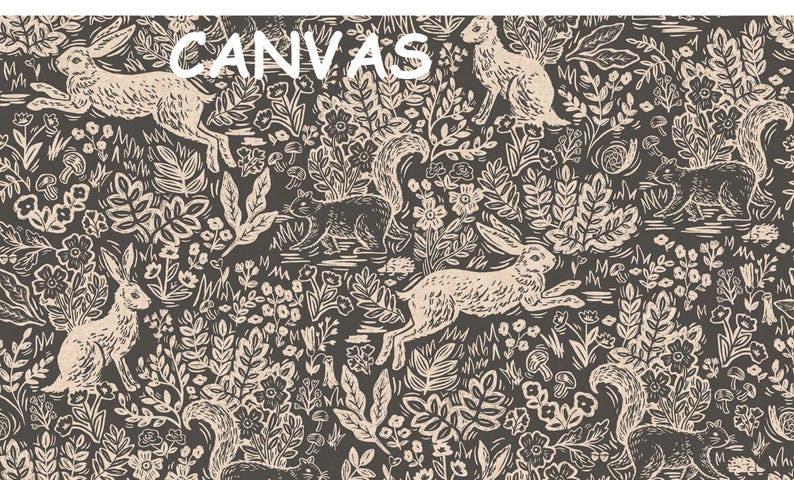 May include: A black and white illustration of a repeating pattern featuring rabbits, squirrels, and floral designs. The text "CANVAS" is printed in the center of the image.