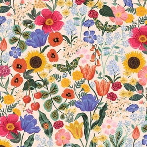Rifle Paper Co fabric, Curio blossom in blush, Cotton + Steel, quilters weight woven fabric, floral fabric with sunflowers