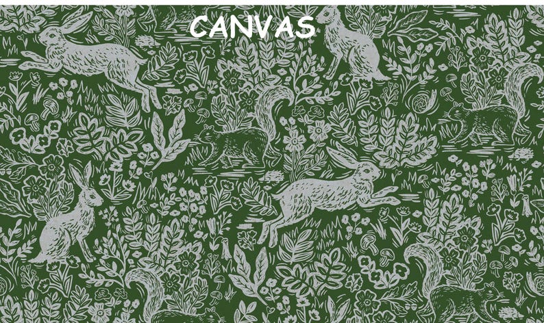 May include: Green canvas fabric with a repeating pattern of white rabbits, squirrels, and foliage. The word "CANVAS" is printed in white at the top. The design features a woodland theme.