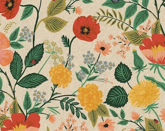 Rifle Paper Co CANVAS fabric, Camont -Poppy fields natural, cotton and linen, Cotton + Steel, floral wildflowers woven