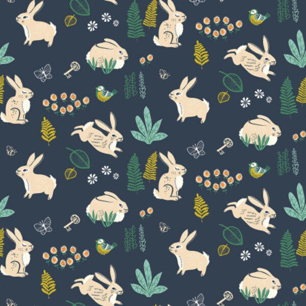 1 yard: Organic KNIT fabric, Birch Organic Fabric, Bunny hop dusk, Hidden garden by Miriam Bos, Rabbit fabric