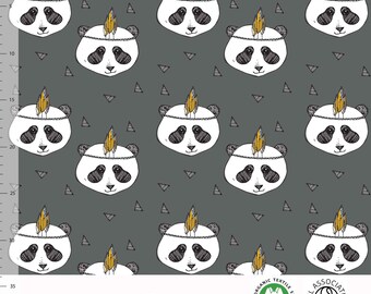 May include: A repeating pattern of panda faces with headdresses and yellow feathers on a gray background. The pandas have black eyes, ears, and markings. Small gray triangles are scattered throughout the design. The design includes the text "ELVELYCKAN DESIGN" and organic textile certifications.