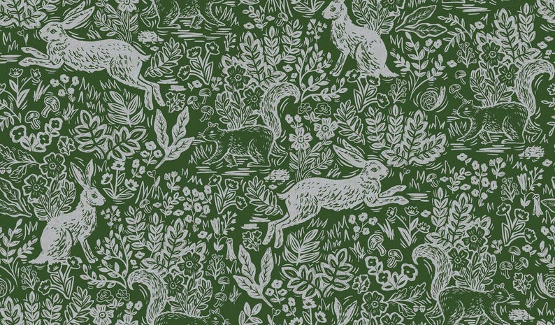 May include: A repeating pattern featuring white hares and squirrels amidst foliage, flowers, and mushrooms on a dark green background. The design has a woodcut style, creating a textured, natural aesthetic. The overall theme is nature and wildlife.