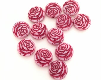 4pc Czech Glass Beads, Rose Flowers, Round Coin Rose Flower Beads, Red Wine Colored Rose Beads, 18mm Beads, Focal Beads, Double-Sided Beads
