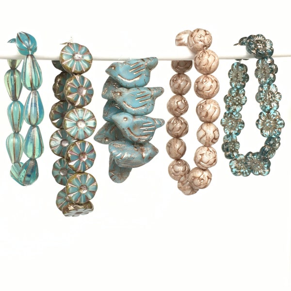 Czech Glass Beads, Mix/Lot - 5 Strands (57pc), Wild Rose Flower Beads, Round Pink Rose Beads, Pinwheel Coins, Teardrops, Large Blue Birds
