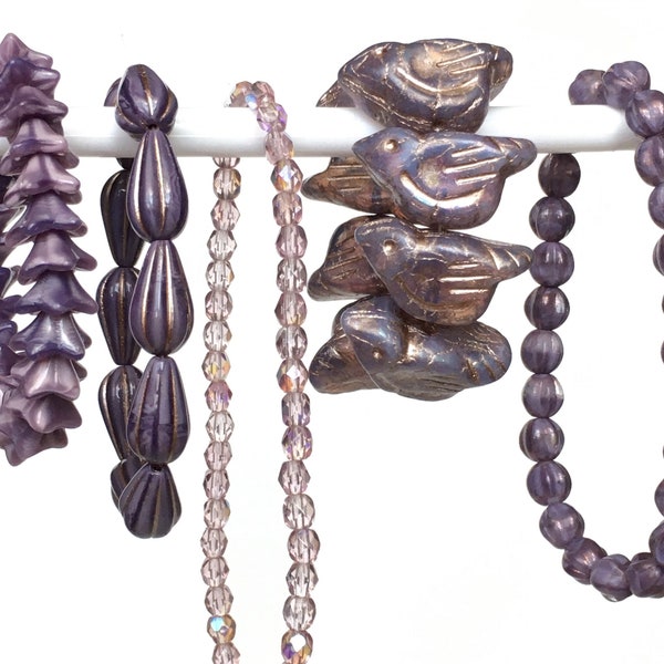 Czech Glass Beads, Mix/Lot - 5 Strands (118pc), Large Opaline Purple Focal Bird Beads, Purple Silk Bell Flowers, Teardrop Beads, Melons, 4mm