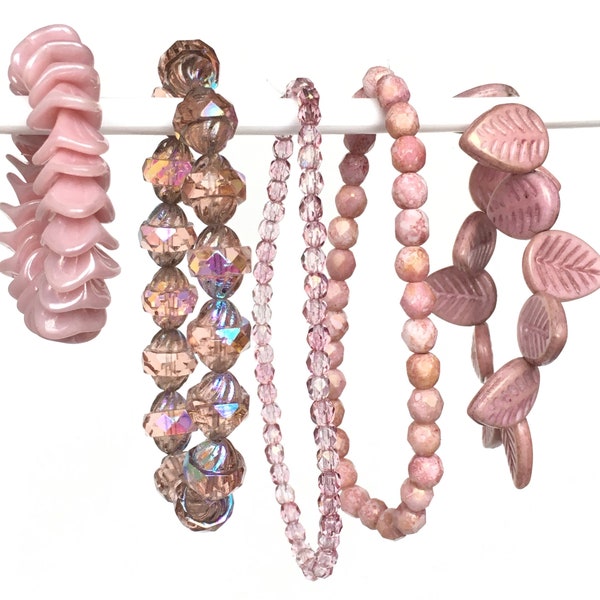 Czech Glass Beads, Mix/Lot - 5 Strands (127pc), Large Pink Bell Flower Beads, Faceted Pink AB Turbine Beads, Pink Dogwood Leaves, 4mm, 6mm