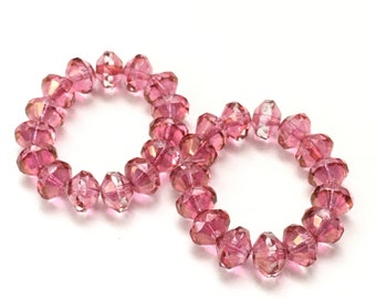 15pc Czech Glass Beads, Clear Crystal Pink Saucer Beads, Pink Faceted Czech Beads With Gold Luster Finish, Size: 6x8mm