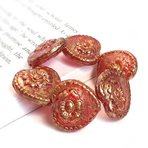 6pc Czech Glass Beads, Red Victorian Heart Beads With Gold Finish, Double-Sided Textured Flower Design, Jewelry Making Glass Heart Beads