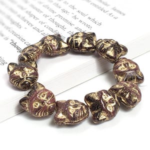 10pc Czech Glass Beads, Purple Hue Cat Face Beads With Gold Finish, 14mm Double-Sided Kitty Cat Face Beads, Czech Glass Animal Cat Beads