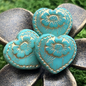 6pc Czech Glass Beads, Blue Victorian Heart Beads With Gold Finish, Double-Sided Textured Flower Design, Czech Glass Heart Beads