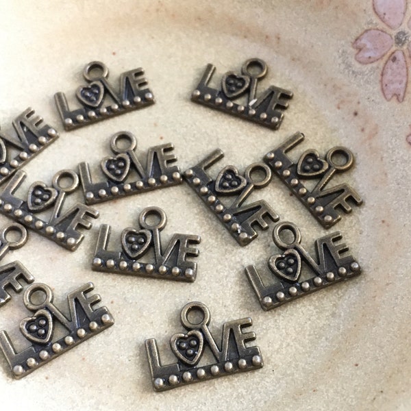 12pc Antique Bronze Love Charms, Small Love Charms, One-Sided Textured Metal Love Letter Charms, Bronze Jewelry Charms, Word Charms, 10x13mm