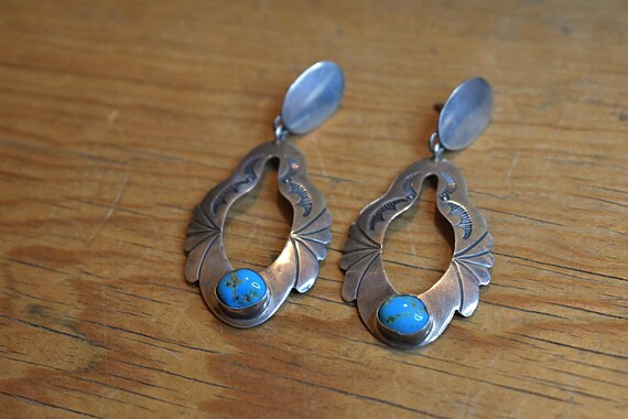 Vintage Navajo Sterling Silver Turquoise Hoop Earrings View 3