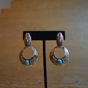 Vintage Navajo Sterling Silver Turquoise Hoop Earrings