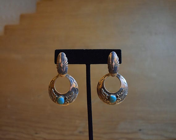 Vintage Navajo Sterling Silver Turquoise Hoop Earrings
