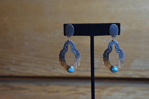 Vintage Navajo Sterling Silver Turquoise Hoop Earrings View 2
