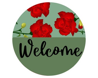 Welcome wreath sign, red carnations, wreath attachment, welcome sign, welcome to our front door, wreath sign, flower decor, flower wreath