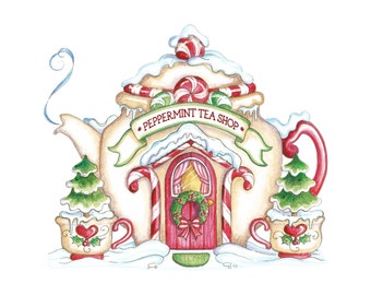Peppermint Tea Shop, Teapot, Candies, Christmas, Snow, Christmas Wreath, wreath rail, wreath sign, porch decoration, front door decor