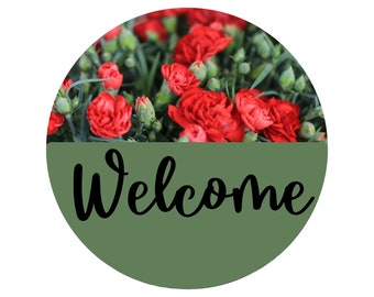 Welcome wreath sign, red carnations, wreath attachment, welcome sign, welcome to our front door, wreath sign, flower decor, flower wreath