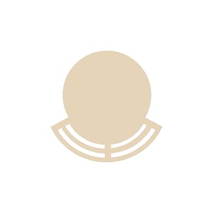 May include: A beige, abstract design element featuring a large circle atop a curved, segmented base. The design is simple and minimalist, with clean lines and a neutral color palette, suitable for various applications.