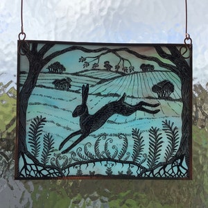 Leaping Hare, hand painted and etched stained glass window panel