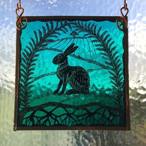 Hare and Ferns, hand painted and etched stained glass window panel