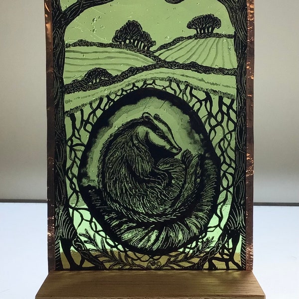 Secret Badger,hand painted and etched stained glass panel, with reclaimed oak stand