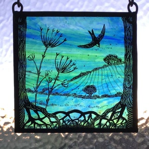 Evening Swift and Seedheads, hand painted and etched stained glass window panel
