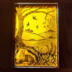 Summer Swifts and Fox, hand painted and etched stained glass panel