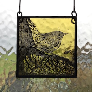 Summer Wren and Wildflower,  etched stained glass panel